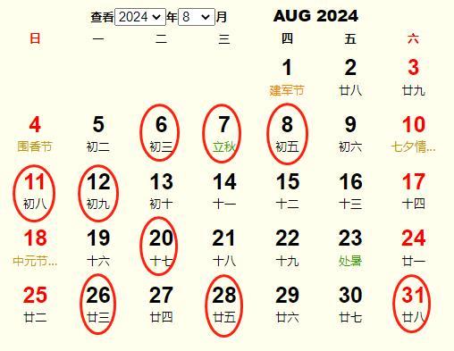 2025年农历八月黄道吉日 2024农历八月最好吉日